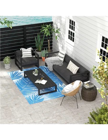 Outsunny Plastic Straw Reversible RV Outdoor Rug with Carry Bag, 182 x 274cm, Blue and Cream