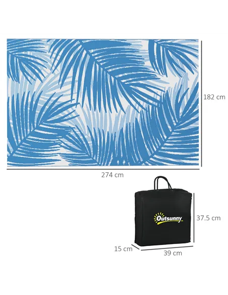 Outsunny Plastic Straw Reversible RV Outdoor Rug with Carry Bag, 182 x 274cm, Blue and Cream