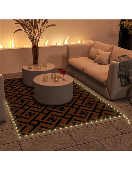Outsunny Plastic Straw Reversible RV Outdoor Rug with LED String Light, 182 x 274cm, Brown and Black