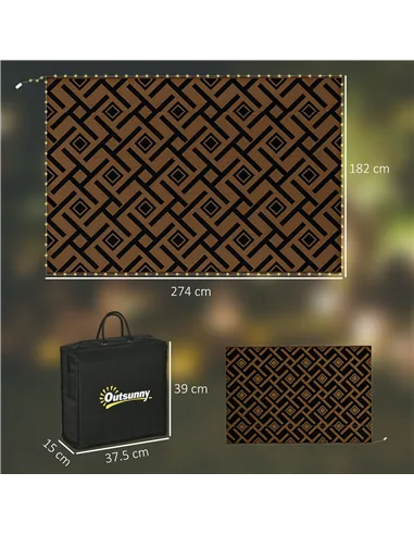 Outsunny Plastic Straw Reversible RV Outdoor Rug with LED String Light, 182 x 274cm, Brown and Black