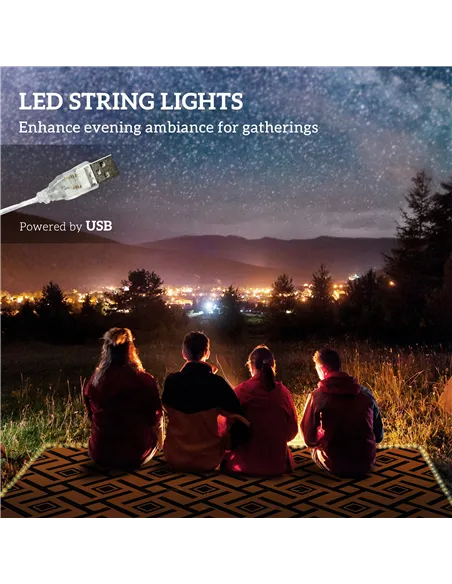 Outsunny Plastic Straw Reversible RV Outdoor Rug with LED String Light, 182 x 274cm, Brown and Black