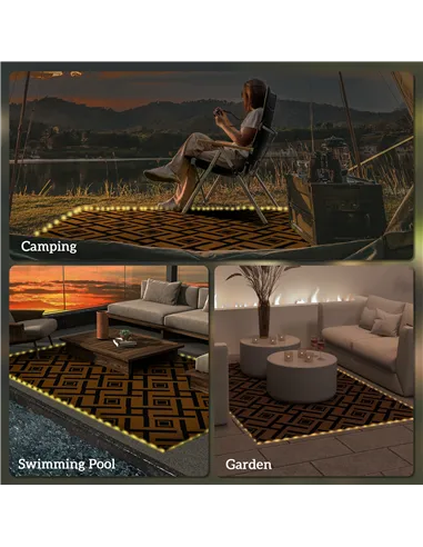 Outsunny Plastic Straw Reversible RV Outdoor Rug with LED String Light, 182 x 274cm, Brown and Black