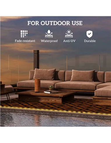 Outsunny Plastic Straw Reversible RV Outdoor Rug with LED String Light, 182 x 274cm, Brown and Black