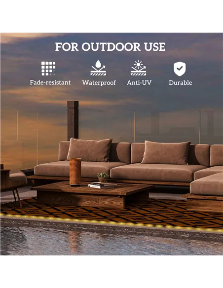 Outsunny Plastic Straw Reversible RV Outdoor Rug with LED String Light, 182 x 274cm, Brown and Black