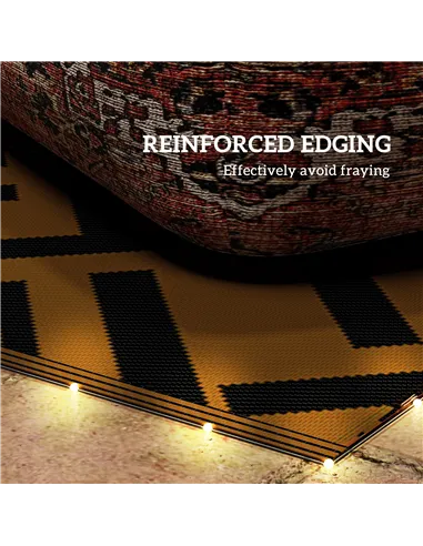 Outsunny Plastic Straw Reversible RV Outdoor Rug with LED String Light, 182 x 274cm, Brown and Black