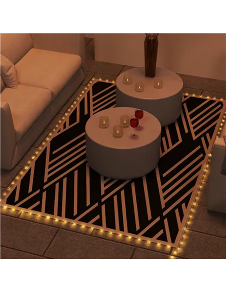 Outsunny Plastic Straw Reversible RV Outdoor Rug with LED String Light, 182 x 274cm, Black and Coffee