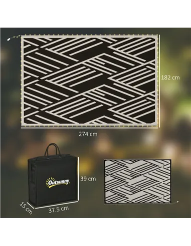 Outsunny Plastic Straw Reversible RV Outdoor Rug with LED String Light, 182 x 274cm, Black and Coffee