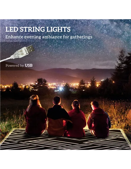 Outsunny Plastic Straw Reversible RV Outdoor Rug with LED String Light, 182 x 274cm, Black and Coffee