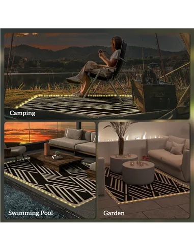 Outsunny Plastic Straw Reversible RV Outdoor Rug with LED String Light, 182 x 274cm, Black and Coffee