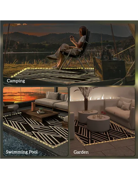 Outsunny Plastic Straw Reversible RV Outdoor Rug with LED String Light, 182 x 274cm, Black and Coffee