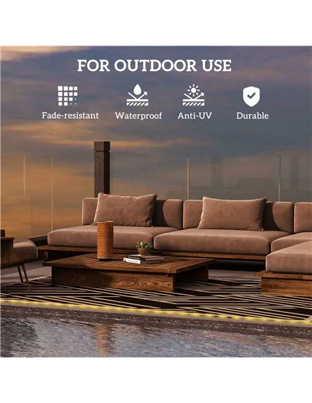 Outsunny Plastic Straw Reversible RV Outdoor Rug with LED String Light, 182 x 274cm, Black and Coffee