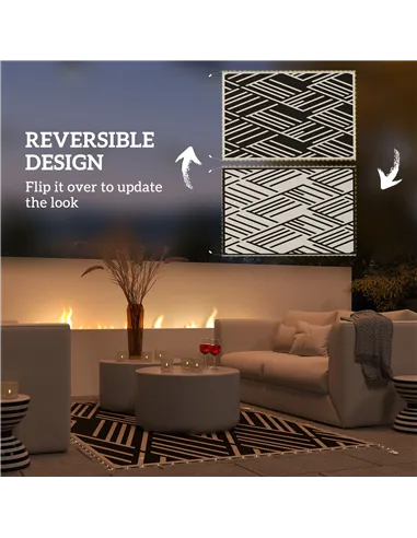 Outsunny Plastic Straw Reversible RV Outdoor Rug with LED String Light, 182 x 274cm, Black and Coffee