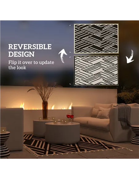 Outsunny Plastic Straw Reversible RV Outdoor Rug with LED String Light, 182 x 274cm, Black and Coffee