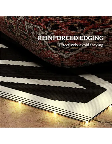 Outsunny Plastic Straw Reversible RV Outdoor Rug with LED String Light, 182 x 274cm, Black and Coffee