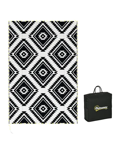 Outsunny Plastic Straw Reversible RV Outdoor Rug with LED String Light, 182 x 274cm, Black and White