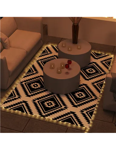 Outsunny Plastic Straw Reversible RV Outdoor Rug with LED String Light, 182 x 274cm, Black and White