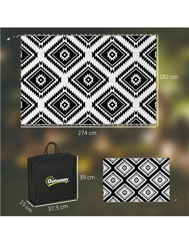 Outsunny Plastic Straw Reversible RV Outdoor Rug with LED String Light, 182 x 274cm, Black and White