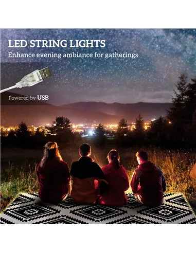 Outsunny Plastic Straw Reversible RV Outdoor Rug with LED String Light, 182 x 274cm, Black and White