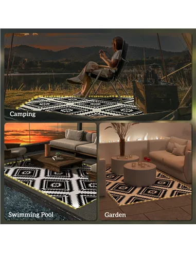 Outsunny Plastic Straw Reversible RV Outdoor Rug with LED String Light, 182 x 274cm, Black and White