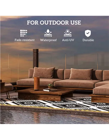 Outsunny Plastic Straw Reversible RV Outdoor Rug with LED String Light, 182 x 274cm, Black and White