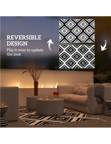 Outsunny Plastic Straw Reversible RV Outdoor Rug with LED String Light, 182 x 274cm, Black and White