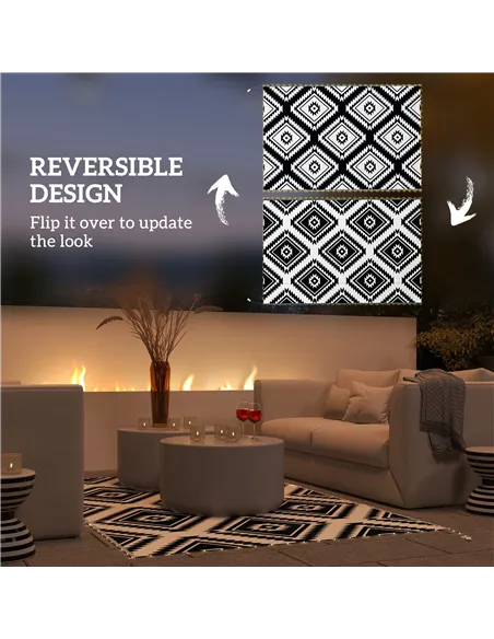 Outsunny Plastic Straw Reversible RV Outdoor Rug with LED String Light, 182 x 274cm, Black and White