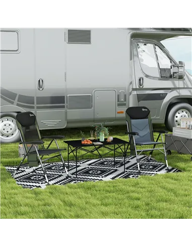 Outsunny Plastic Straw Reversible RV Outdoor Rug with LED String Light, 182 x 274cm, Black and White