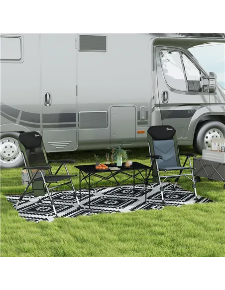 Outsunny Plastic Straw Reversible RV Outdoor Rug with LED String Light, 182 x 274cm, Black and White