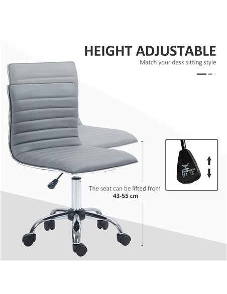 HOMCOM Armless Task Desk Chair, Swivel Office Chair with Faux Leather, Adjustable Seat Height, Chrome Base, Wheels for Home, Lig