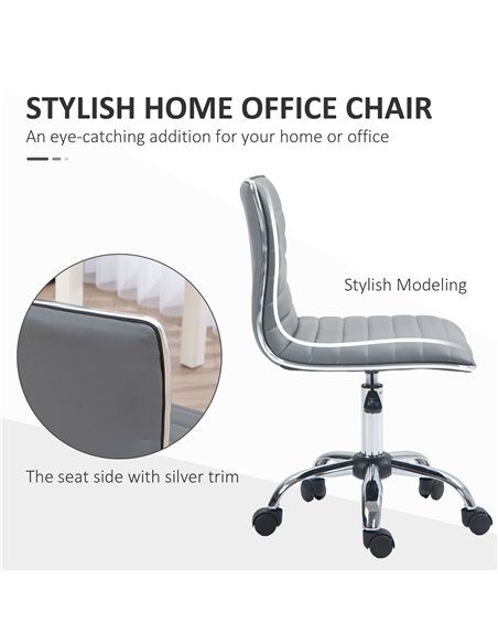 HOMCOM Armless Task Desk Chair, Swivel Office Chair with Faux Leather, Adjustable Seat Height, Chrome Base, Wheels for Home, Lig
