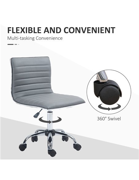HOMCOM Armless Task Desk Chair, Swivel Office Chair with Faux Leather, Adjustable Seat Height, Chrome Base, Wheels for Home, Lig