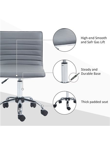 HOMCOM Armless Task Desk Chair, Swivel Office Chair with Faux Leather, Adjustable Seat Height, Chrome Base, Wheels for Home, Lig