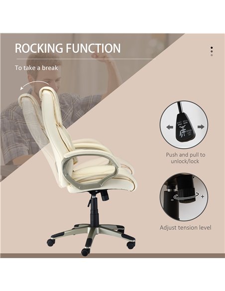 HOMCOM Home Office Chair High Back Computer Desk Chair with Faux Leather Adjustable Height Rocking Function Cream White