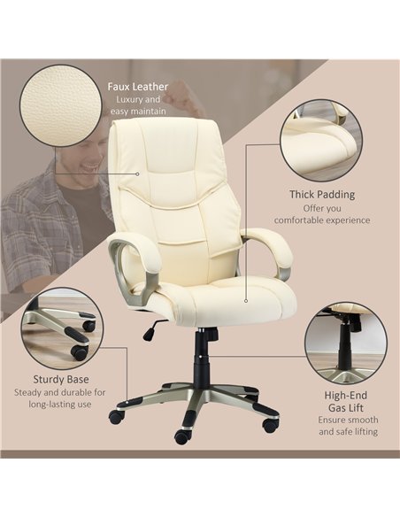 HOMCOM Home Office Chair High Back Computer Desk Chair with Faux Leather Adjustable Height Rocking Function Cream White