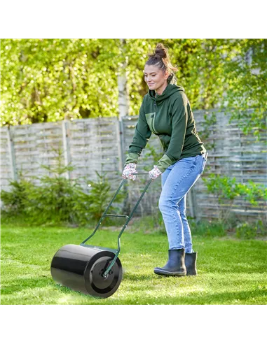 Outsunny φ50cm Steel Garden Lawn Roller Push Pull w/ Fillable Cylinder Water Sand Plug Lawn Flatten Seed Sow Rolling Drum w/ Han