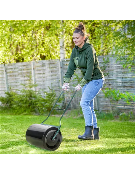 Outsunny φ50cm Steel Garden Lawn Roller Push Pull w/ Fillable Cylinder Water Sand Plug Lawn Flatten Seed Sow Rolling Drum w/ Han