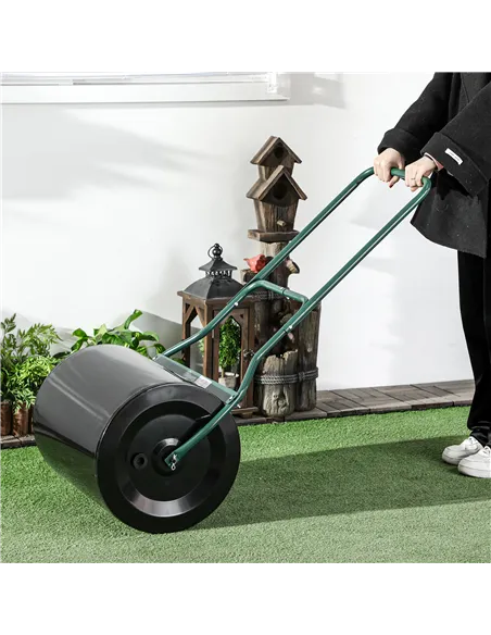 Outsunny φ50cm Steel Garden Lawn Roller Push Pull w/ Fillable Cylinder Water Sand Plug Lawn Flatten Seed Sow Rolling Drum w/ Han