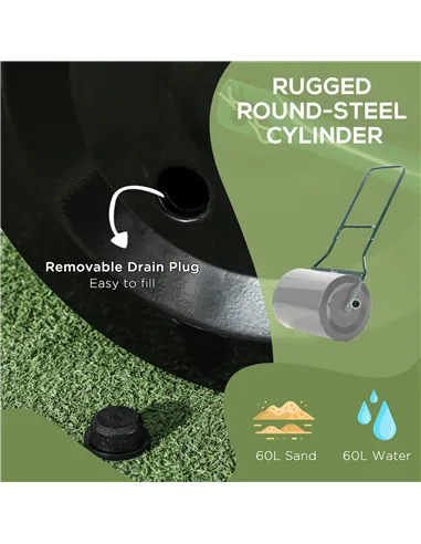 Outsunny φ50cm Steel Garden Lawn Roller Push Pull w/ Fillable Cylinder Water Sand Plug Lawn Flatten Seed Sow Rolling Drum w/ Han