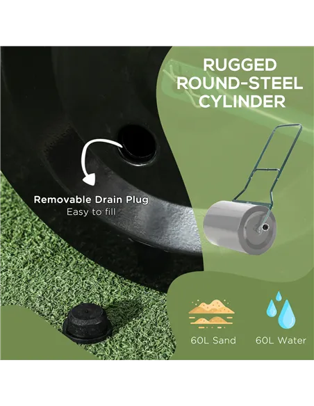 Outsunny φ50cm Steel Garden Lawn Roller Push Pull w/ Fillable Cylinder Water Sand Plug Lawn Flatten Seed Sow Rolling Drum w/ Han