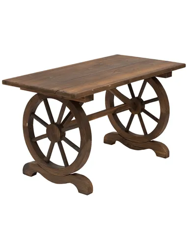 Outsunny Wooden Garden Dining Table, Wagon Wheel Outdoor Coffee Table with 3 cm Wood Top for Patio, Balcony, Terrace, 110 x 60 x