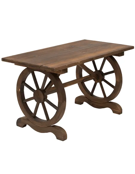 Outsunny Wooden Garden Dining Table, Wagon Wheel Outdoor Coffee Table with 3 cm Wood Top for Patio, Balcony, Terrace, 110 x 60 x