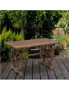 Outsunny Wooden Garden Dining Table, Wagon Wheel Outdoor Coffee Table with 3 cm Wood Top for Patio, Balcony, Terrace, 110 x 60 x 2