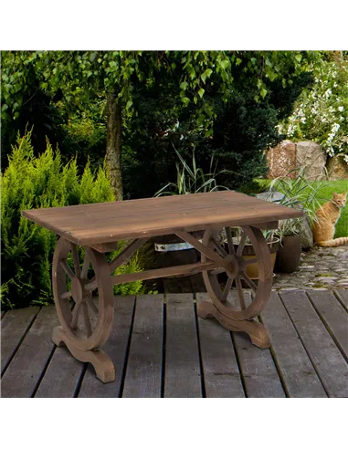 Outsunny Wooden Garden Dining Table, Wagon Wheel Outdoor Coffee Table with 3 cm Wood Top for Patio, Balcony, Terrace, 110 x 60 x