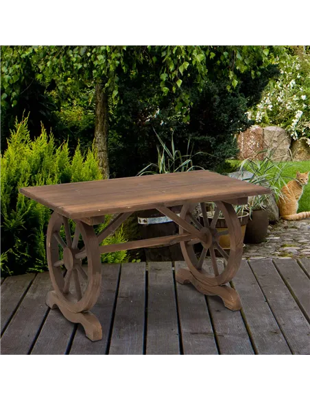 Outsunny Wooden Garden Dining Table, Wagon Wheel Outdoor Coffee Table with 3 cm Wood Top for Patio, Balcony, Terrace, 110 x 60 x