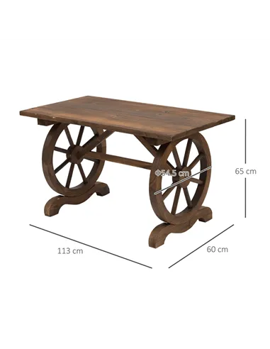 Outsunny Wooden Garden Dining Table, Wagon Wheel Outdoor Coffee Table with 3 cm Wood Top for Patio, Balcony, Terrace, 110 x 60 x