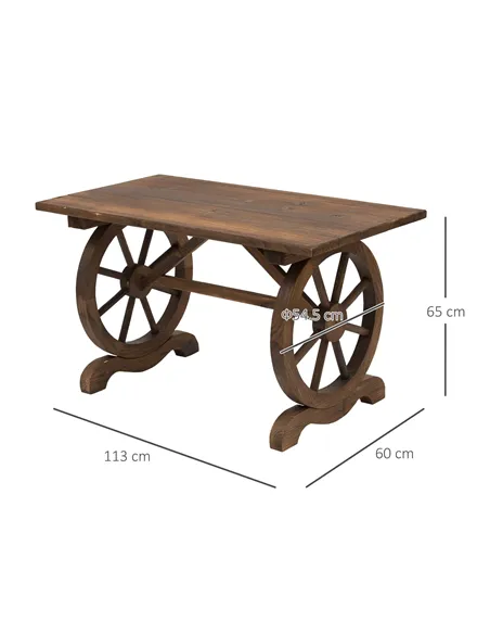 Outsunny Wooden Garden Dining Table, Wagon Wheel Outdoor Coffee Table with 3 cm Wood Top for Patio, Balcony, Terrace, 110 x 60 x