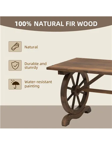 Outsunny Wooden Garden Dining Table, Wagon Wheel Outdoor Coffee Table with 3 cm Wood Top for Patio, Balcony, Terrace, 110 x 60 x
