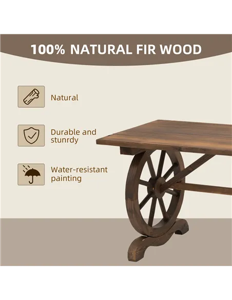 Outsunny Wooden Garden Dining Table, Wagon Wheel Outdoor Coffee Table with 3 cm Wood Top for Patio, Balcony, Terrace, 110 x 60 x