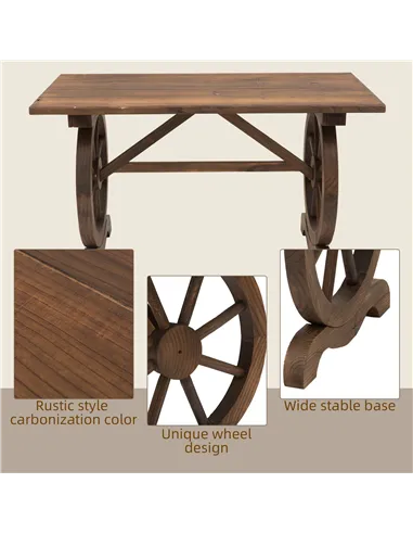 Outsunny Wooden Garden Dining Table, Wagon Wheel Outdoor Coffee Table with 3 cm Wood Top for Patio, Balcony, Terrace, 110 x 60 x