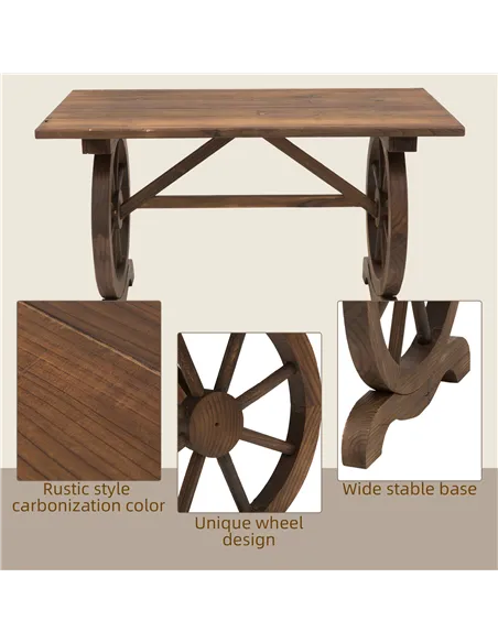 Outsunny Wooden Garden Dining Table, Wagon Wheel Outdoor Coffee Table with 3 cm Wood Top for Patio, Balcony, Terrace, 110 x 60 x